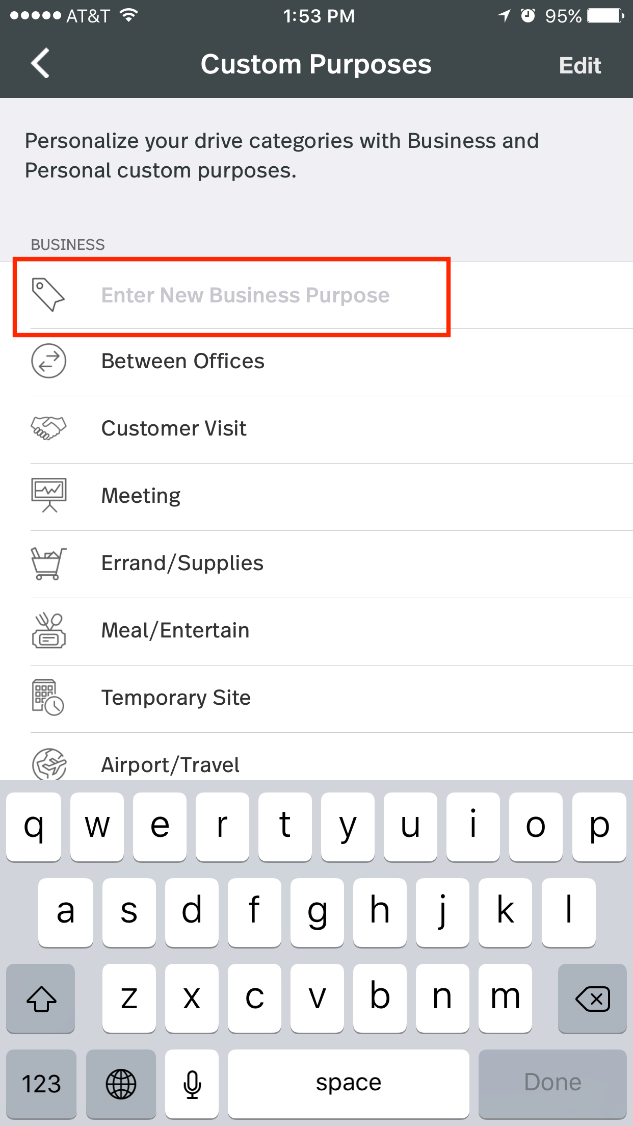 Screenshot shows Enter New Business Purpose circled with the keyboard enabled