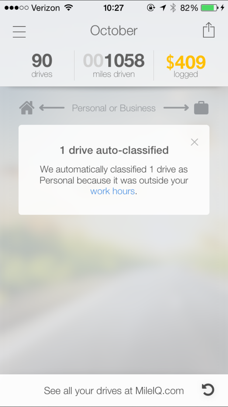 This screenshot is showing a notification in the app for when a drive was automatically classified with work hours