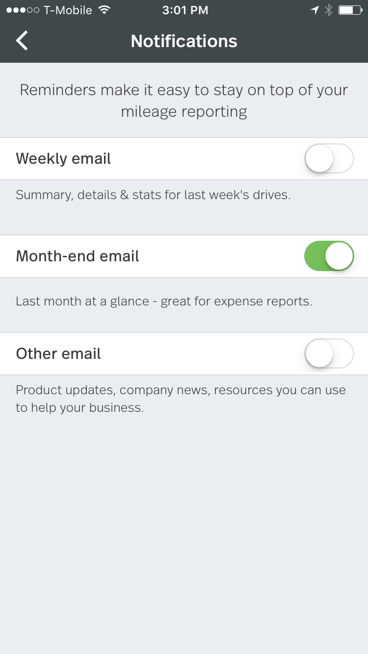 Screenshot shows the email notification settings enabled or disabled on the mobile app
